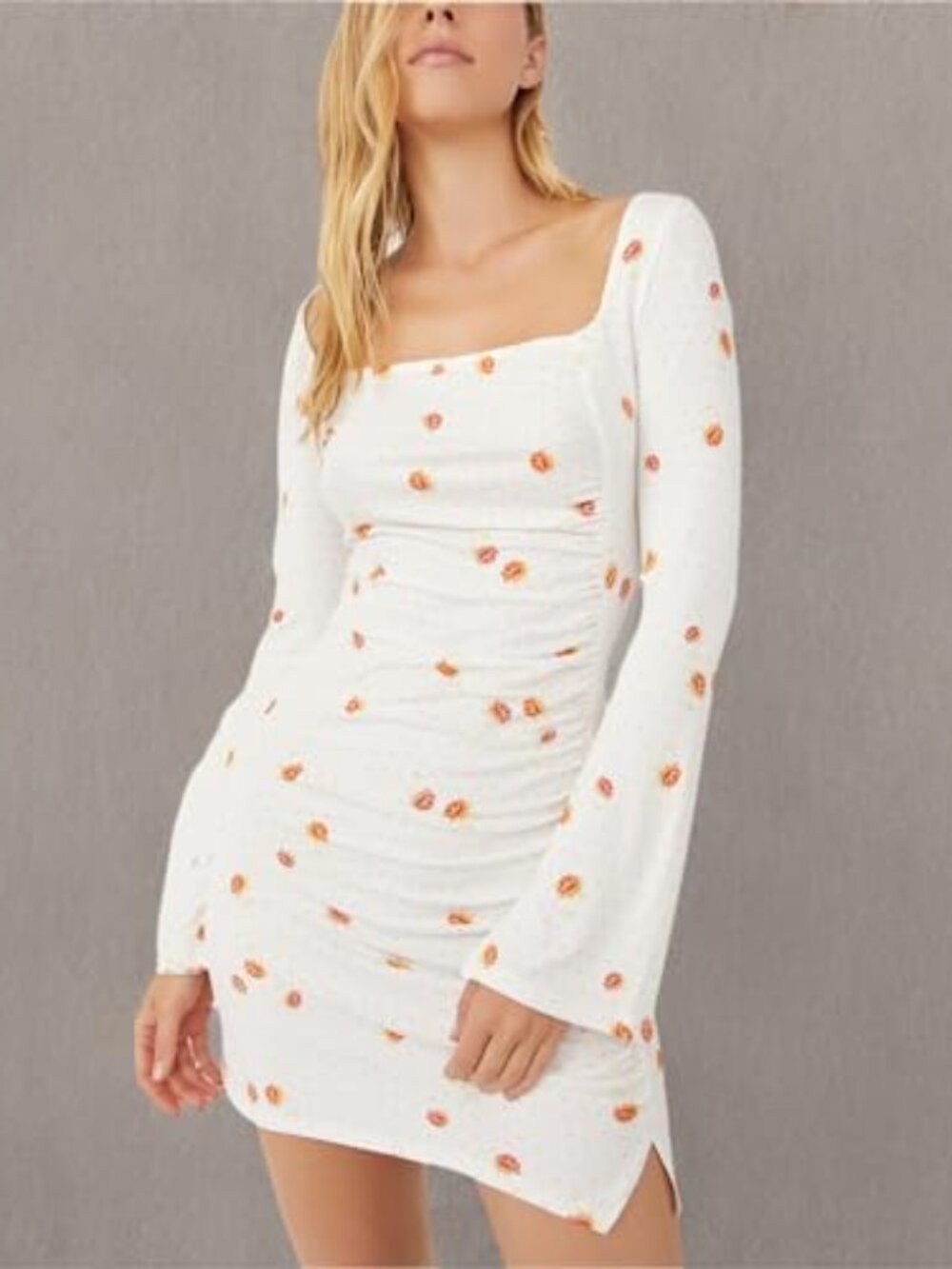 Free People Floral Mini Dress Short White Orange Long Sleeve Square Neck Large